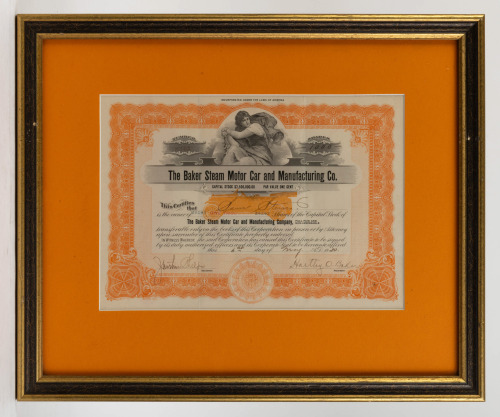 BAKER STEAM: A Baker Steam Motor Car & Manufacturing Co, stock bond certificate, dated 1920, framed & glazed, frame 38cm high, 46cm wide