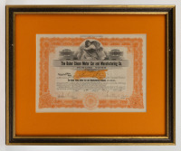 BAKER STEAM: A Baker Steam Motor Car & Manufacturing Co, stock bond certificate, dated 1920, framed & glazed, frame 38cm high, 46cm wide [Location: Melbourne]
