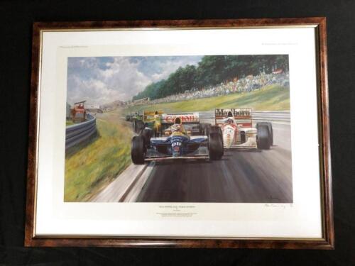 MANSELL: An Alan Fearnley print depicting Nigel Mansell taking the 1992 Formula One World Championship at the Hungarian Grand Prix. L.E 29/850 Signed by the artist