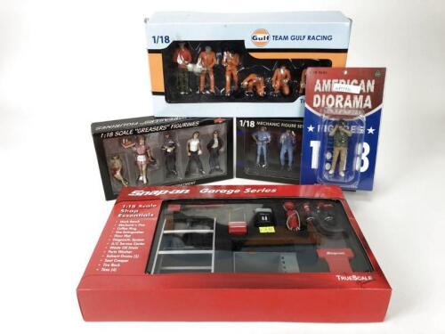 FIGURES: Group of 1:18 scale unopened character figures include workshop tools. (NB description)
