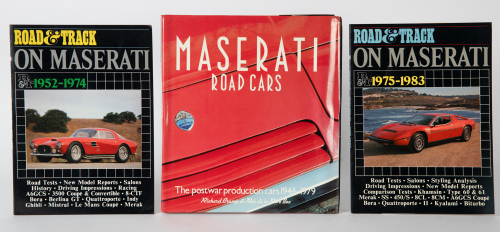 MASERATI: Three books related to Maserati, includes two 'Road & Track' reviews on Maserati, editions '1952-1974' and '1975-1983', along with 'Maserati Road Cars' by Richard Crump and Rob de la Rive Box