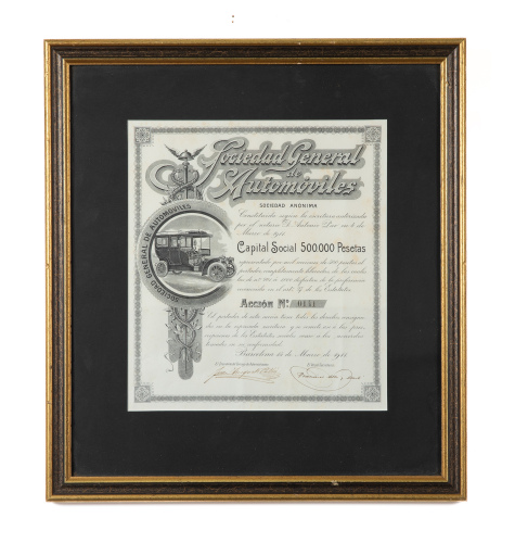 SHARE CERT: An original 1911 dated share certificate from the Spanish 'Sociedad General de Automoviles' company, framed and glazed, 45.5cm high, 41.5cm wide overall