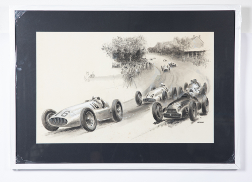 678 · PETER HELCK: An impressive original mixed media artwork by Peter Helck of the 1939 Swiss Grand Prix, framed and glazed, measures 60cm high, 84cm wide overall