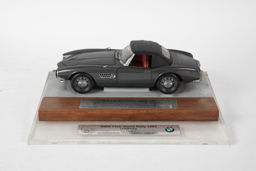 BMW: A 1:18 scale model of a BMW 507, mounted on a timber and perspex base with plaque 'BMW FIVA World Rally 1993 Tasmania, 3rd Place - Concours d’Elegance Vintage'