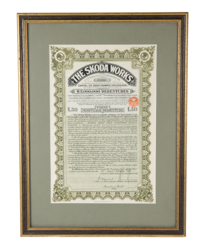 SKODA: A 'The Skoda Works' stock bond certificate, dated 1930, framed & glazed, 58cm high, 43cm wide overall
