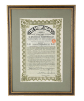 SKODA: A 'The Skoda Works' stock bond certificate, dated 1930, framed & glazed, 58cm high, 43cm wide overall [Location: Melbourne]