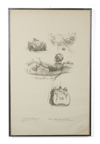 FANGIO: A print featuring a collage of Fangio pencil sketches my Michael Turner, limited edition (100/200), 554cm high, 37cm wide