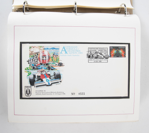 ADELAIDE GP: A folder containing commemorative first day covers/envelopes/stamps relating to the Adelaide Formula One Grand Prix