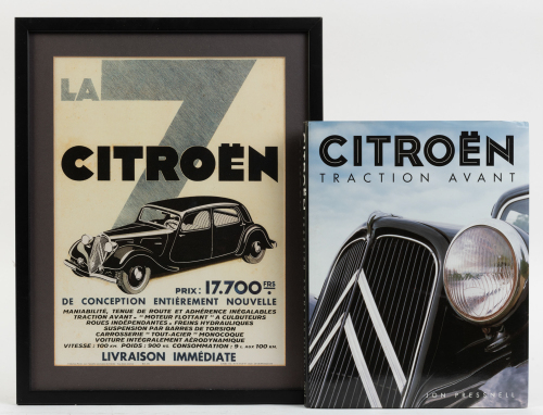 622 · CITROEN: Two items related to Citroen, including a hardcover book titled 'Citroen - Traction Avant' by Jon Pressnell along with a reproduction poster advertising the Traction Avant 7 model