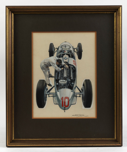 MICHAEL TURNER: An exceptional original painting by Michael Turner depicting a mechanic attending to a Mercedes-Benz W154 #10