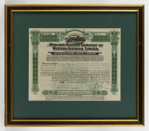 STOCK CERTIFICATE: A Midland Railway Company of Western Australia stock bond certificate, dated 1947, framed & glazed, 42cm high, 47cm wide overall