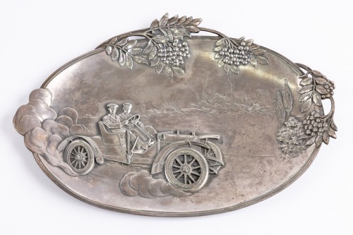 TRAY: A early 20th Century silver plate change tray featuring a vintage car [Location: Perth]