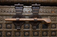WEDDING CHEST: A large impressive antique metal bound Indian wedding chest on wheels [Location: City Beach, Perth] - 2