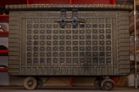 WEDDING CHEST: A large impressive antique metal bound Indian wedding chest on wheels [Location: City Beach, Perth] - 3