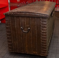 WEDDING CHEST: A large impressive antique metal bound Indian wedding chest on wheels [Location: City Beach, Perth] - 4