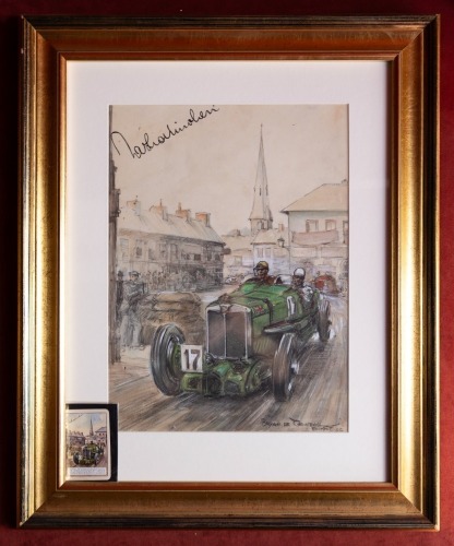 BRYAN DE GRINEAU: 'Belfast 33' water-colour on board, signed, depicting Tazio Nuvolari the winner of the 1933 R.A.C. International Tourist Trophy (Ulster T.T.), driving his MG K3 Magnette #17 through Newtownards Square [Location: Perth]