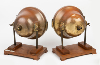 HEADLAMPS: A pair of large brass headlamps, lens width 23cm (9 inches), mounting bracket width 20cm, both mounted to timber bases [Location: Melbourne] - 3