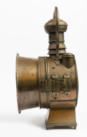 HEADLIGHT: A c1900 large 'The Polkey' (UK) brass headlight, design No. 401472, convex lens width 18.4cm (7 1/4 inches), 45cm high overall [Location: Melbourne] - 3
