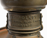 HEADLIGHT: A c1900 large 'The Polkey' (UK) brass headlight, design No. 401472, convex lens width 18.4cm (7 1/4 inches), 45cm high overall [Location: Melbourne] - 5