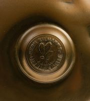 HEADLIGHT: A circa early 1900s Herm Riemann (Germany) brass headlight, convex lens width 18cm (7 inches), vertical bail handle, overall height 34cm [Location: Melbourne] - 8