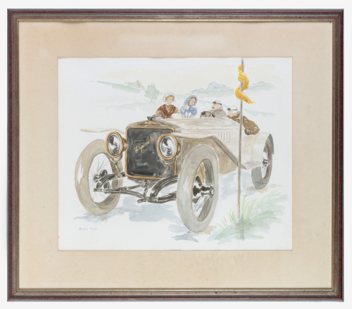 PRINT: A watercolour print featuring a parked Hispano-Suiza by artist Monique Tavano, 47cm high, 57cm wide (visible)