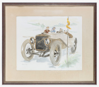 PRINT: A watercolour print featuring a parked Hispano-Suiza by artist Monique Tavano, 47cm high, 57cm wide (visible) [Location: Melbourne]