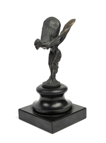 ROLLS-ROYCE: A Rolls-Royce 'Spirit of Ecstasy' hood mascot mounted to round base on timber base, overall height 17cm