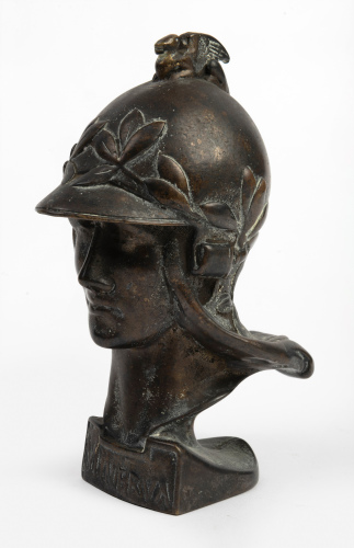 MASCOT: An early solid bronze 'Minerva' helmeted Roman Goddess car mascot, 14cm high