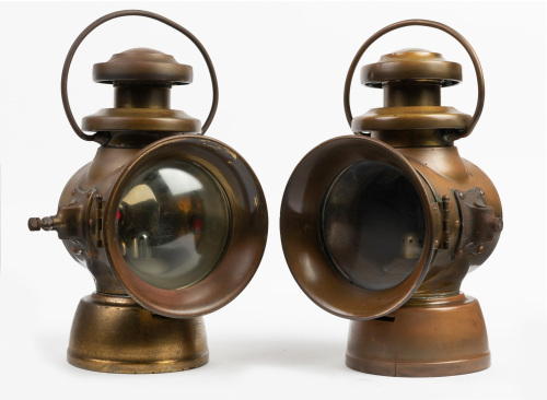 LUCAS: A c1915 pair of Lucas 'King of the Road' No.742 brass headlamps, lens width 12cm, overall height 33cm