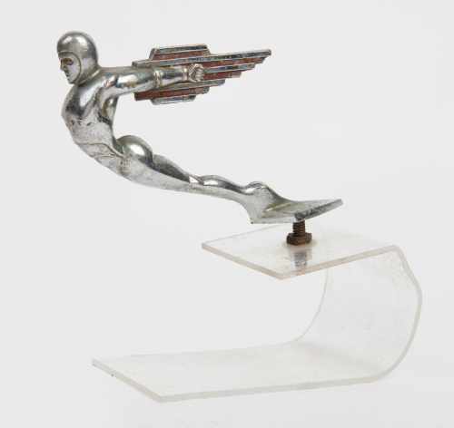 MASCOT: An Art-Deco style 'Rocket Man' chrome car mascot, 17cm long, affixed to perspex base