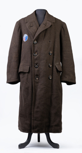 JACKET: A very large fox fur lined jacket thought to be worn by Peter Briggs on the London to Brighton Veteran Car Rally, with Australia cloth patch, length 130cm