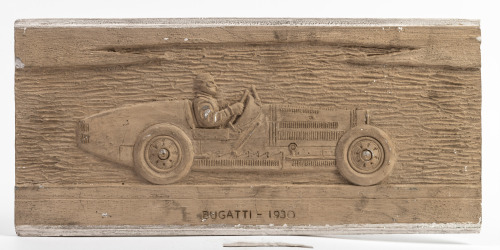 BUGATTI: A 1930 Bugatti side profile plaster impression, 21cm high, 46cm wide