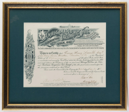STOCK CERTIFICATE: An original 'The Amalgamated Pneumatic Tyre Companies Ltd' stock bond certificate, dated 1898, certificate 25cm high, 32cm wide