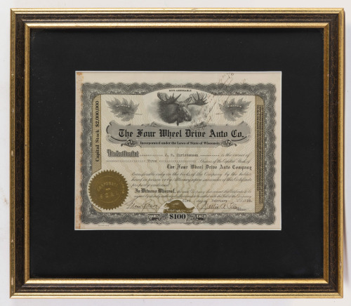 STOCK CERTIFICATE: An original 'The Four Wheel Drive Auto Co.' stock bond certificate, dated 1929, certificate 21cm high, 27cm wide