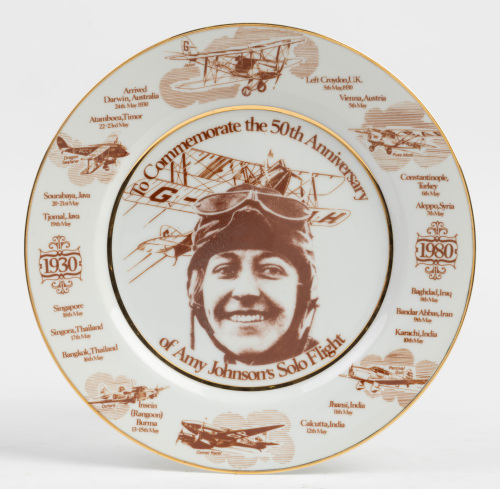 AMY JOHNSON: A dish plate commemorating the 50th anniversary of Amy Johnson's solo flight from UK to Australia 1930, made by Westminster (Australia), 26cm wide