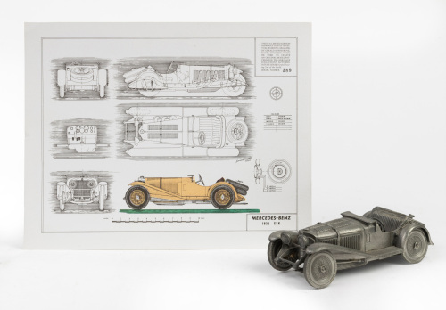 MERCEDES-BENZ: A pewter 1935 Mercedes-Benz SSK model, 14cm long, made by Selangor Pewter, serial number 389, sculpted by Gerald Wingrove, with COA