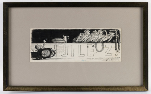 BROCKBANK: An original drawing by Russell Brockbank depicting depicting Lotus 11 driver gesticulating to oblivious race officials, image 8cm high, 23cm wide