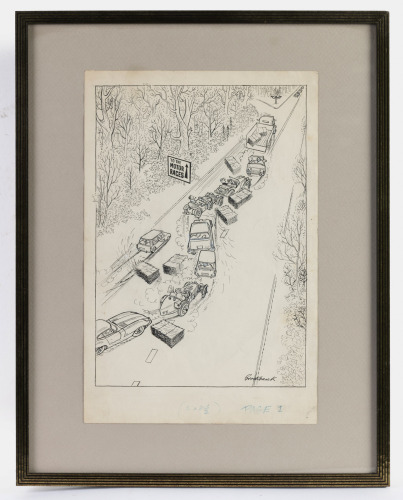 BROCKBANK: An original drawing by Russell Brockbank depicting a traffic jam with prominent sign 'To the Motor Races', image 35cm high, 23cm wide
