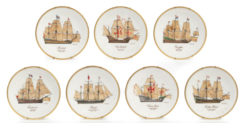 DISH PLATES: A group of seven decorative dish plates each featuring a classic ship from the 'Ships of Discovery Series' by Royal Worcester