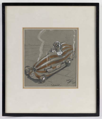 MG: An original drawing of George Eyston driving MG K3023 (aka Humbug or Magic Magnette), image 19cm high, 18cm wide