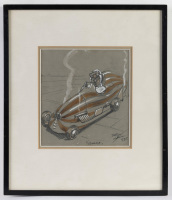 MG: An original drawing by motoring artist George Ham of George Eyston driving MG K3023 (aka Humbug or Magic Magnette), image 19cm high, 18cm wide, mounted, framed & glazed [Location: Melbourne]