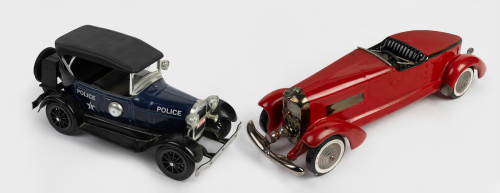DECANTERS: Two large decanters in the form of classic cars