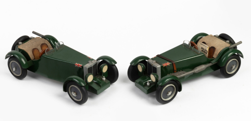 MG: Two large wooden 1934 MG K3 "Magnette' models made by Ryk Heuff Designs (UK), both 27cm long, both signed underneath by Ryk Heuff