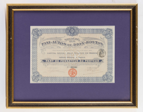 DE DION-BOUTON: An original stock bond certificate from 'Societe Des Taxi-Autos De Dion Bouton, numbered '12134', 20cm high, 30cm wide