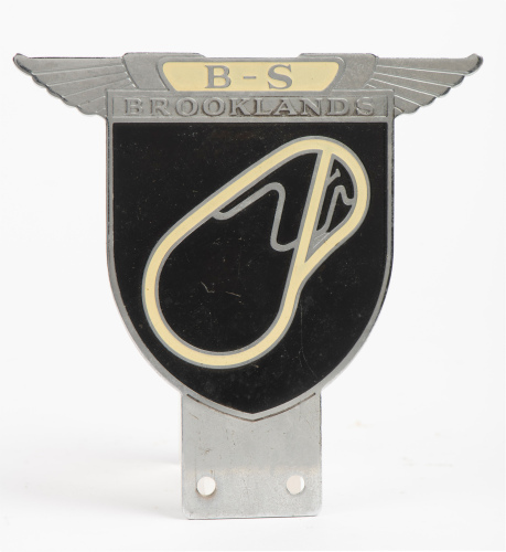 BROOKLANDS: A Brookland Society (B-S) enamel grille badge, 11.5cm high, 11.5cm wide at top