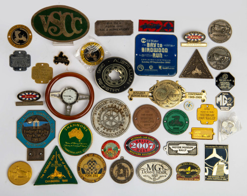 RALLY BADGES: A box of assorted badges for mostly veteran car club rally events held in Australia