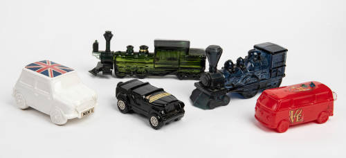 PERFUME BOTTLES: A group of five mostly Avon perfume bottles, includes two locomotive bottles, one Mini bottle, one Jeep bottle & one Kombi bottle, largest 22cm long