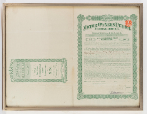 STOCK CERTIFICATES: Four stock bond share certificate display pieces