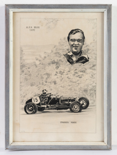 FRAZER NASH: An original pencil portrait Alfred Fane Peers Agabeg and Frazer Nash car, drawing 30cm high, 20cm wide,