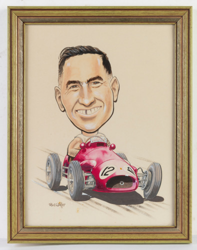 FERRARI: An original caricature by Australian Rod Waller featuring Ferrari 500 and unknown driver, 39cm high, 29cm wide (visible)